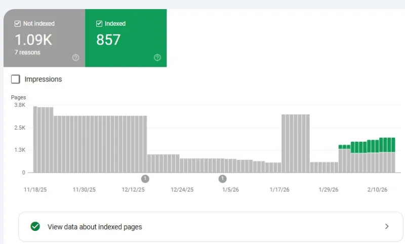 Indexing improvement case study showing increased indexed pages and reduced not indexed issues