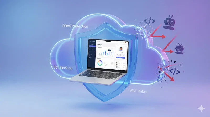 Analytics view showing blocked malicious requests and reduced server load after protection