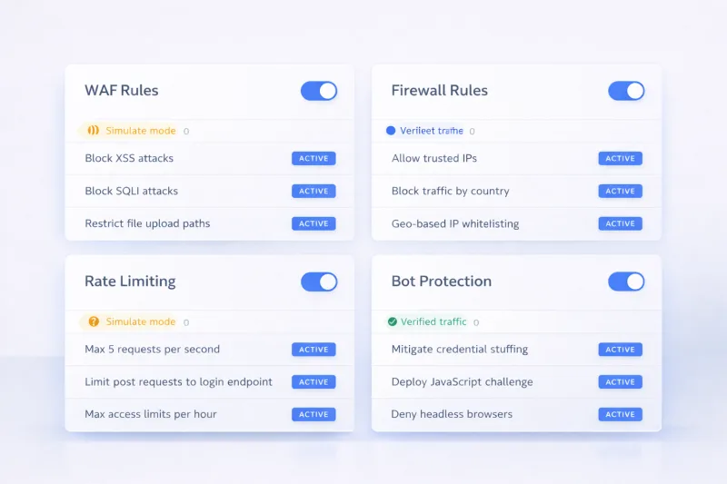 Security dashboard showing WAF rules and bot protection settings for a website