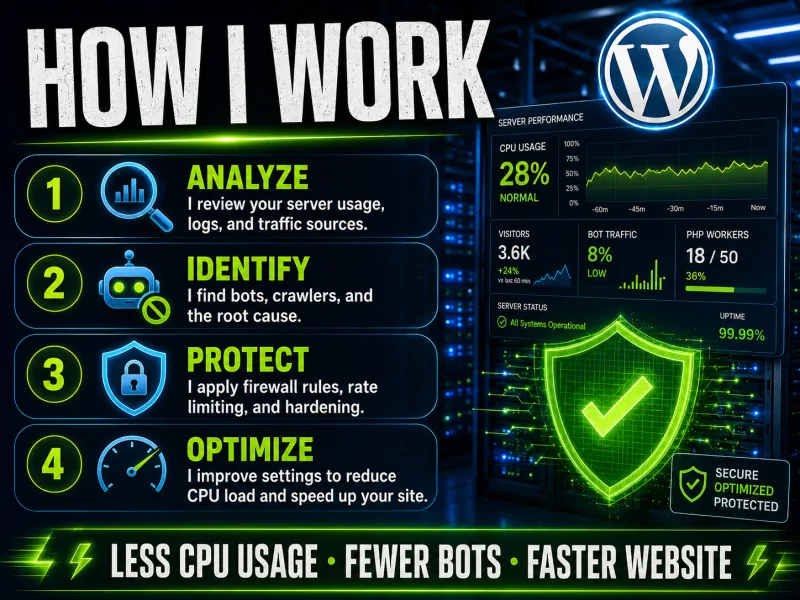 WordPress high CPU usage and bot traffic optimization service